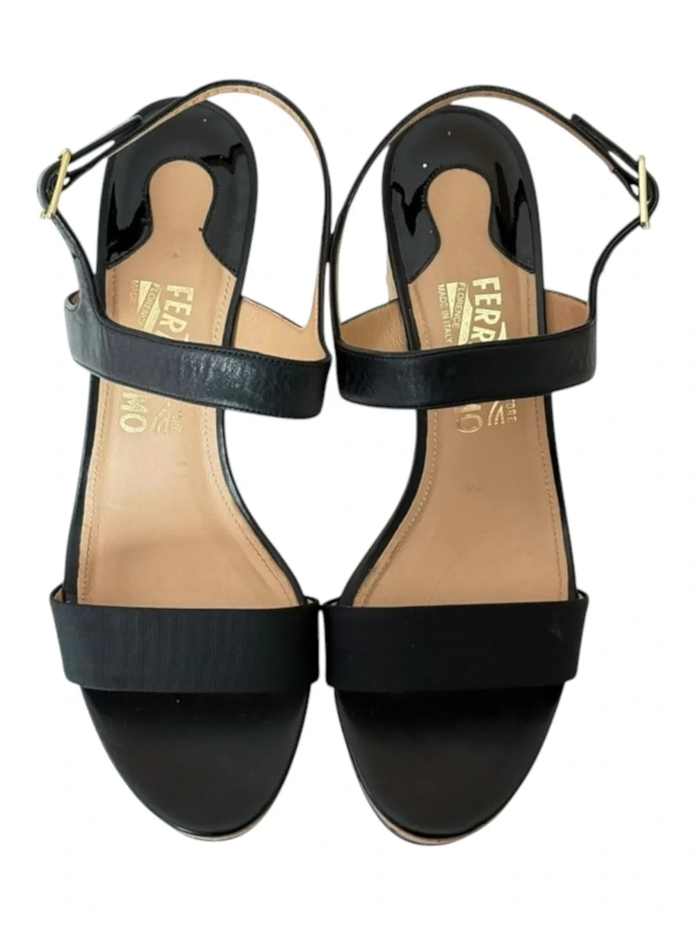 Salvatore Ferragamo ꔘ Mollie Chain Platform Wedge Sandals ꔘ Black Leather ꔘ 9.5B